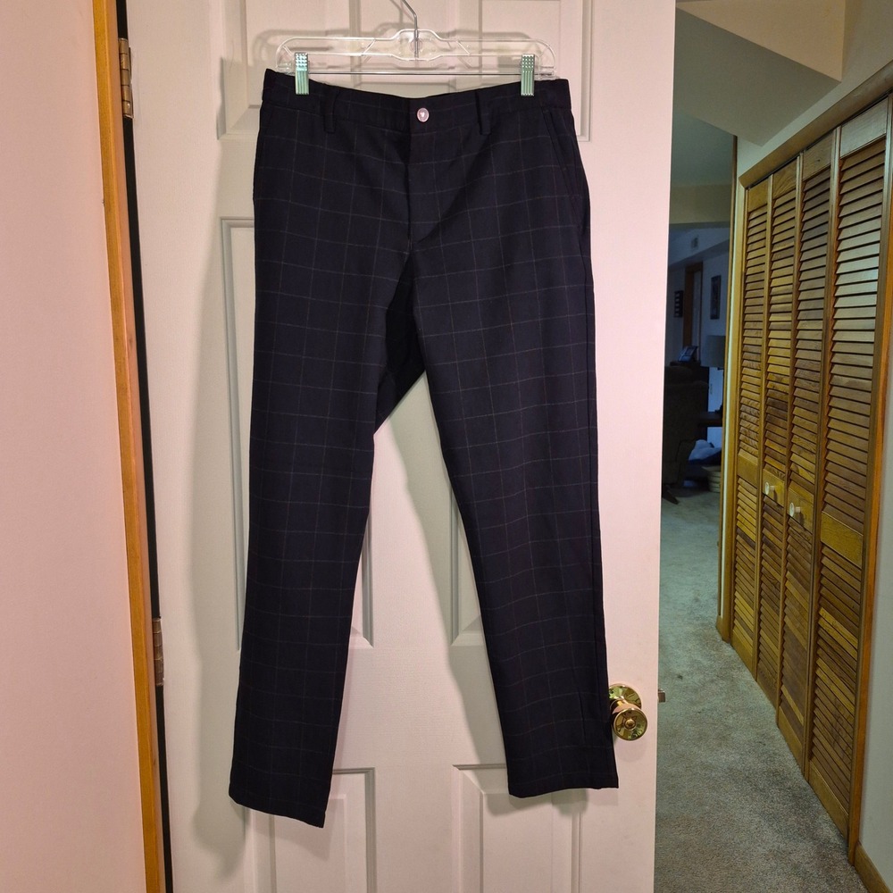 Zara Womens Navy Blue Windowpane Check Slim Trousers Size Medium Plaid Pants